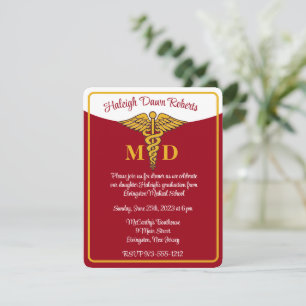 Caduceus Red/Gold/White Medical School Graduation Invitation
