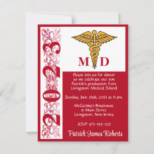 Caduceus Red & White Medical School Graduation Invitation