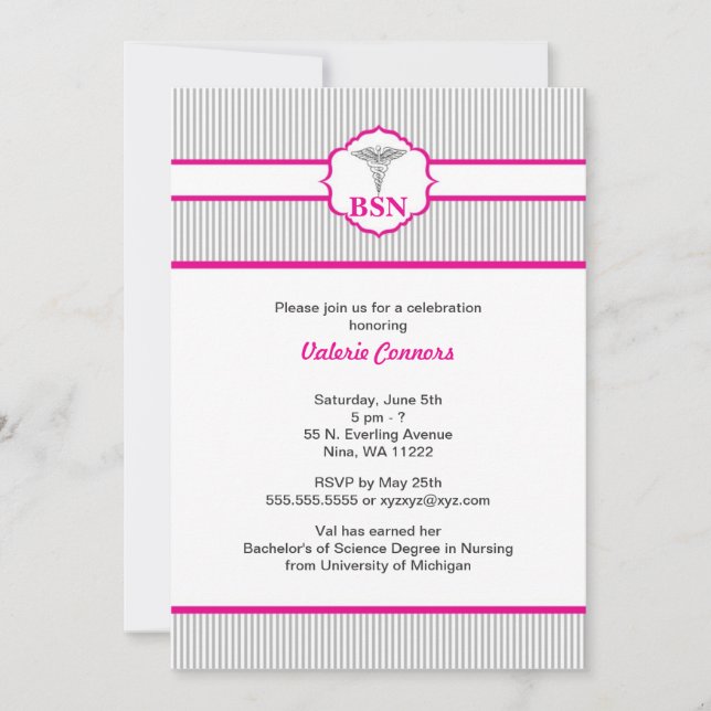 Caduceus RN BSN LPN Graduation Hot Pink Grey Invitation (Front)