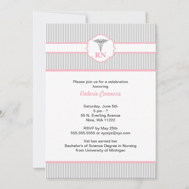 Caduceus RN BSN LPN Graduation Pink and Grey Invitation (Front)