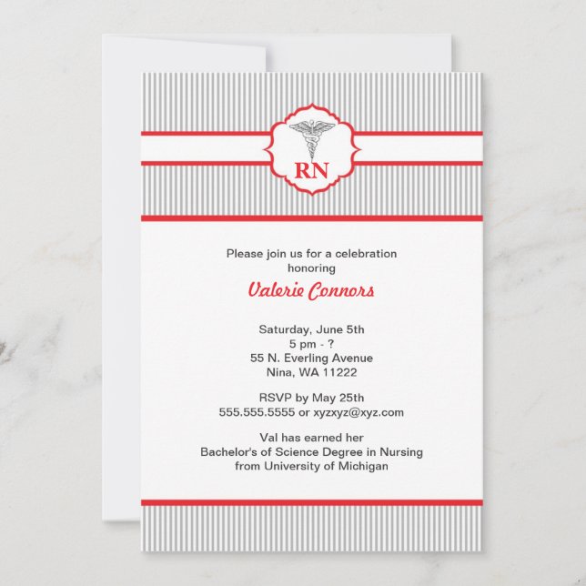 Caduceus RN BSN LPN Graduation Red and Grey Invitation (Front)