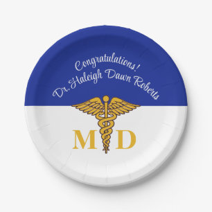 Caduceus Royal Blue Medical School Graduation Paper Plate