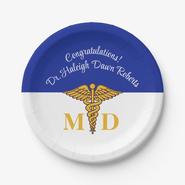 Caduceus Royal Blue Medical School Graduation Paper Plate (Front)