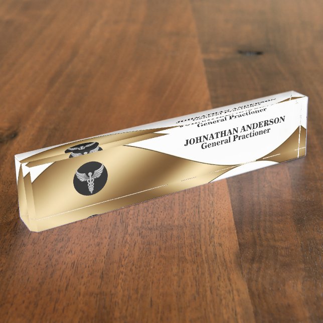 Caduceus silver gold black | medical doctor name nameplate (Side)