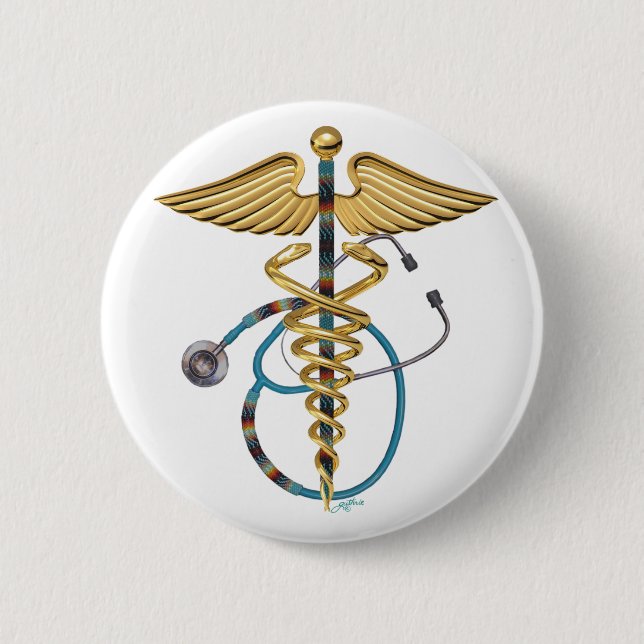 Caduceus & Stethoscope 6 Cm Round Badge (Front)