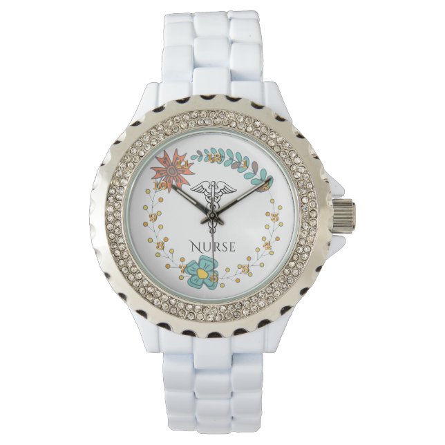 Caduceus Symbol Floral Boho | RN Nurses Nursing Watch (Front)