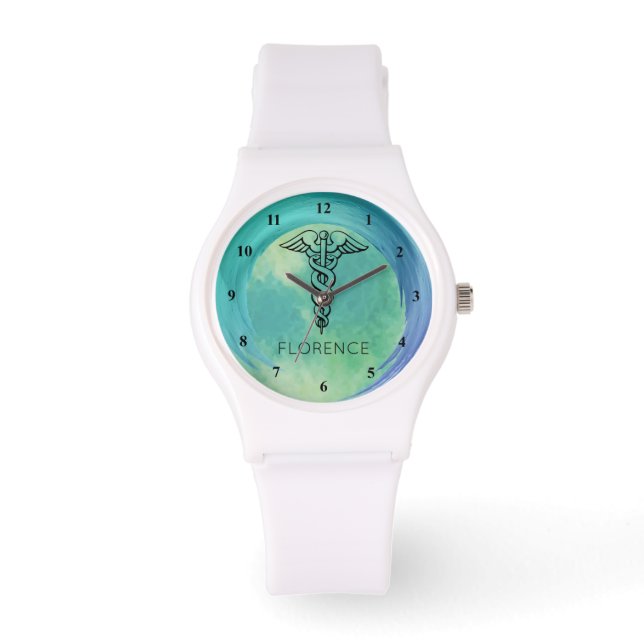 Caduceus Symbol | Nurses Nursing RN Aqua Green Watch (Front)