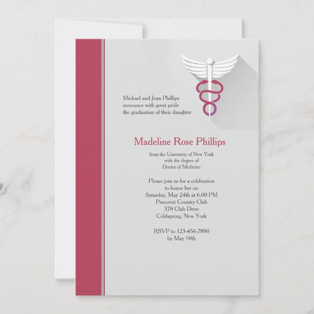 Caduceus Symbol Red Trim Graduation Invitation (Front)