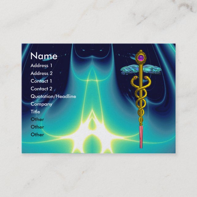 CADUCEUS,  vibrant amethyst gold metallic paper Business Card (Front)