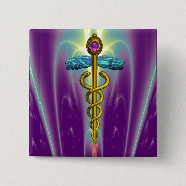 CADUCEUS , vibrant gold amethyst 15 Cm Square Badge (Front)