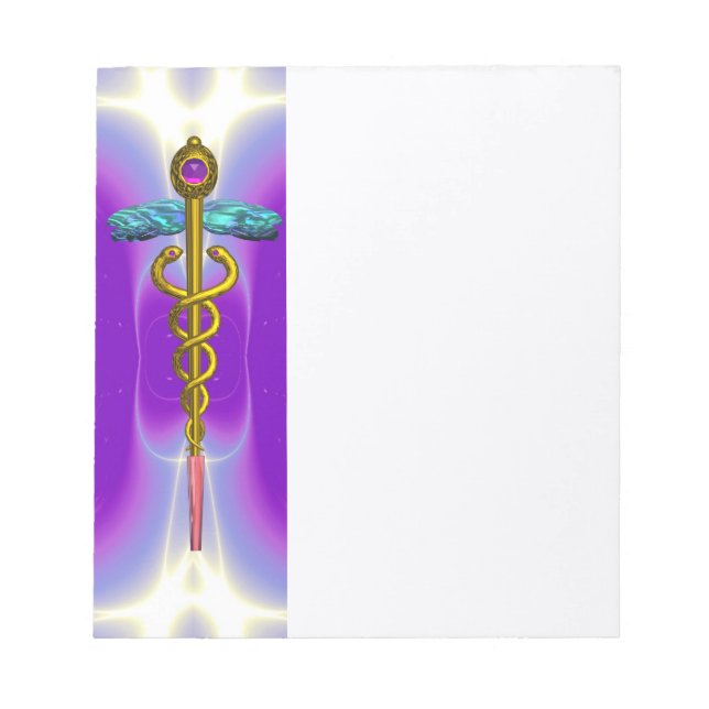 CADUCEUS, vibrant gold amethyst purple ,white Notepad (Front)