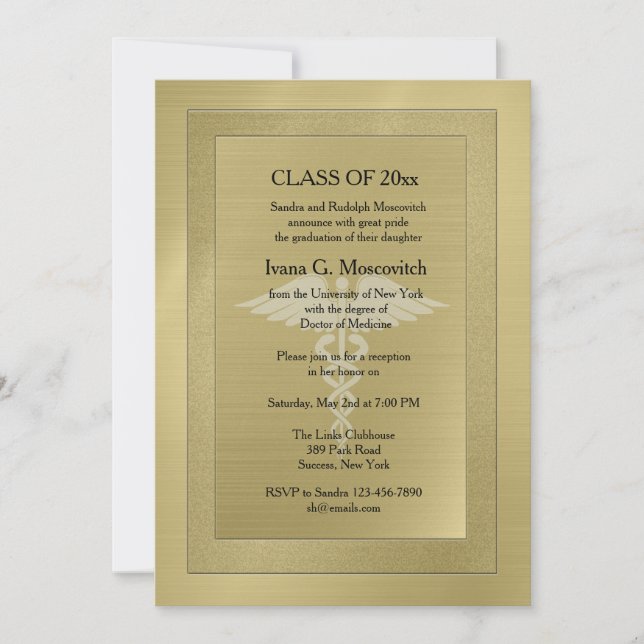 Caduceus Watermark Gold Medical Graduation Invite (Front)