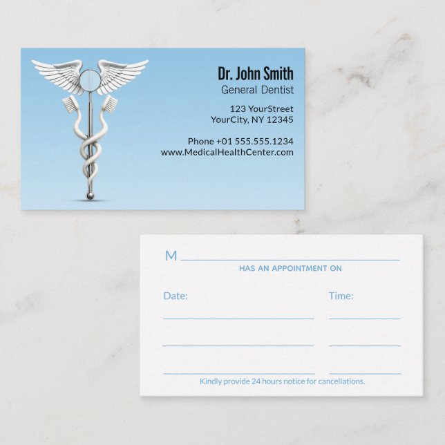 Caduceus White Dental Mirror Toothbrush Medical Appointment Card (Front/Back)