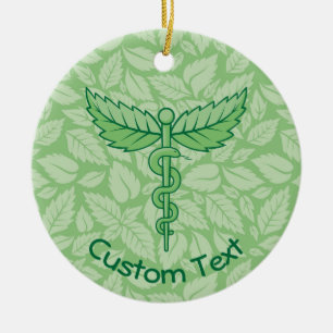 Caduceus with Leaves Background Ceramic Ornament
