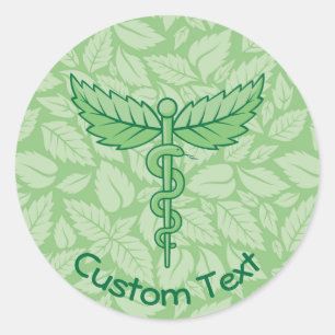 Caduceus with Leaves Background Classic Round Sticker