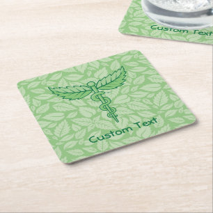 Caduceus with Leaves Background Paper Coaster