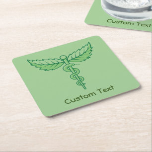 Caduceus with Leaves Square Paper Coaster