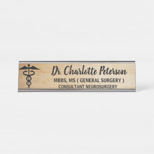 Caduceus Wooden Doctors Desk Name Plate