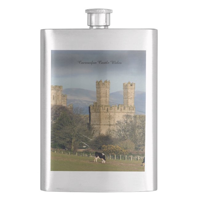 Caernarfon Castle Wales. Hip Flask (Front)