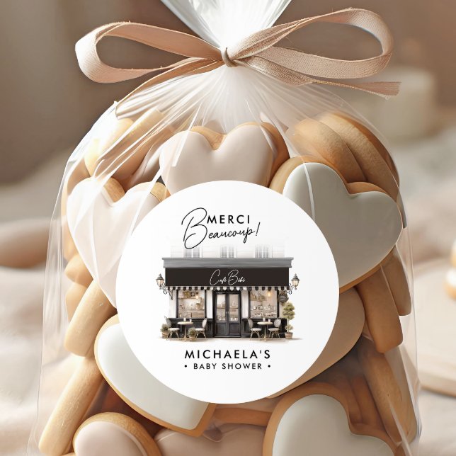 Café Bébé Black White Paris Thank You Baby Shower Classic Round Sticker (Creator Uploaded)