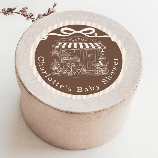Cafe Bebe Brown Stripes Parisian theme Baby Shower Classic Round Sticker (Creator Uploaded)