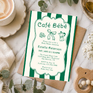 Cafe Bebe Coffee Shop Cute Green Bow Baby Brunch Invitation