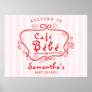 Café Bébé French Modern Pink Red Girl Baby Shower Poster
