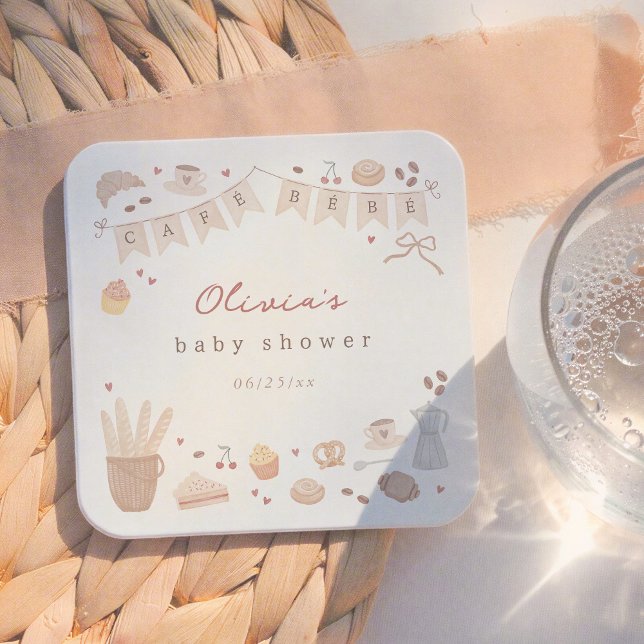 Cafe Bebe Watercolor Bakery Baby Shower Square Paper Coaster (Creator Uploaded)