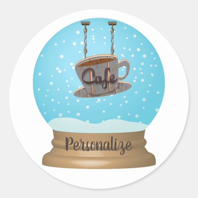 Cafe coffee rustic wood sign snow globe brown blue classic round sticker (Front)