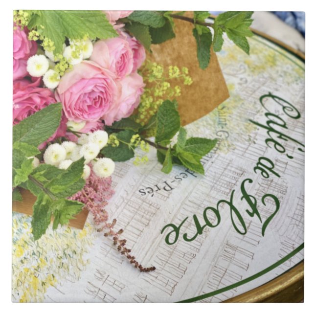 Cafe de Flore Bistro Table with Roses Ceramic Tile (Front)