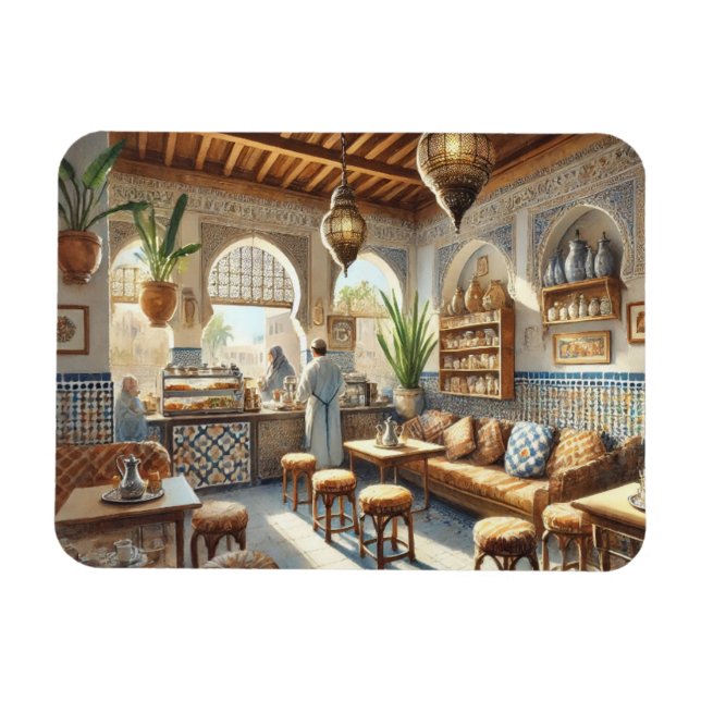 Cafe in Casablanca Morocco Watercolor Painting Magnet (Horizontal)