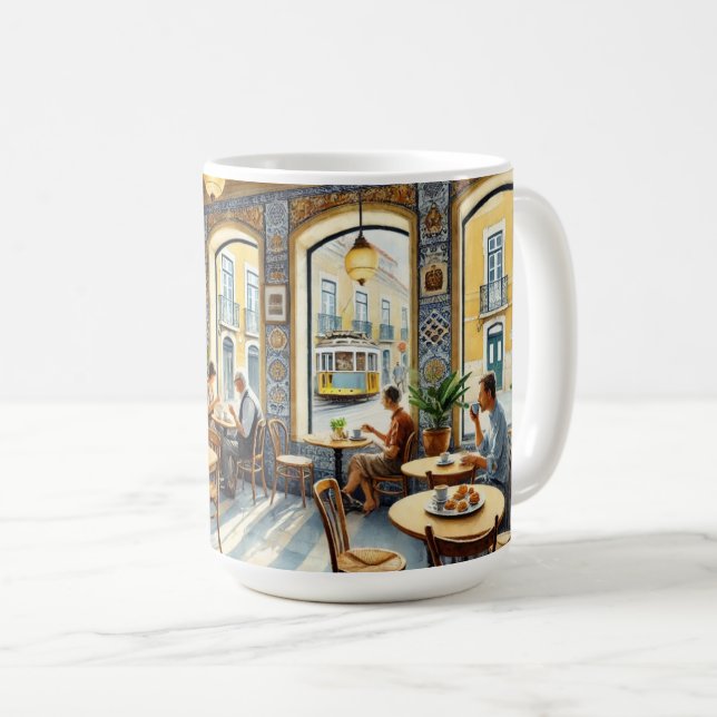 Cafe in Lisbon Yellow Tram Watercolor Coffee Mug (Front Right)