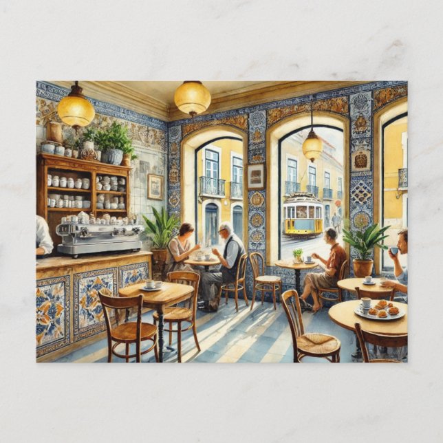 Cafe in Lisbon Yellow Tram Watercolor Postcard (Front)