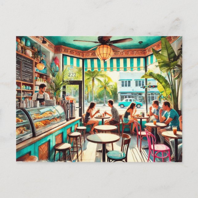 Cafe in Miami Watercolor Postcard (Front)