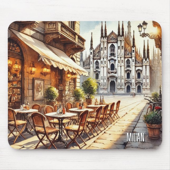 Cafe in Milan Watercolor Painting Mug Mouse Pad (Front)