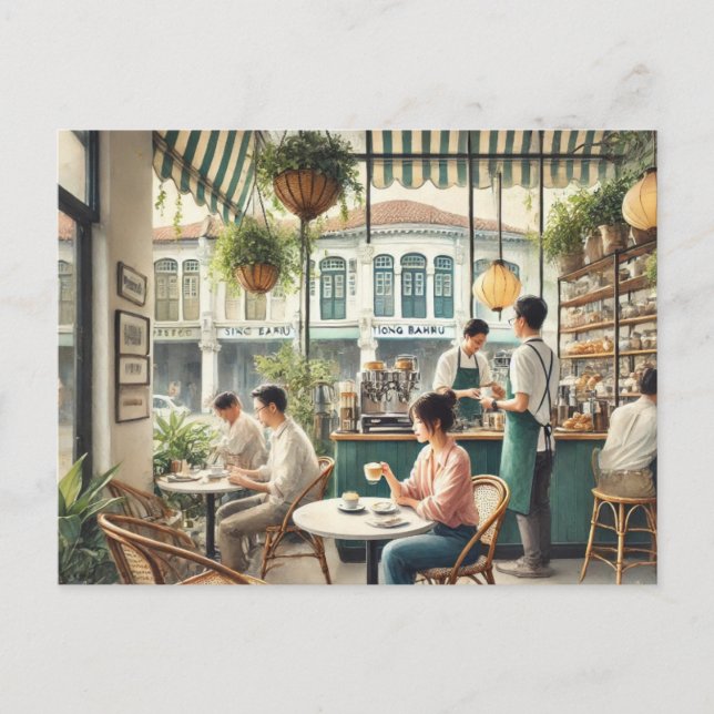 Cafe in Singapore Watercolor Painting Postcard (Front)