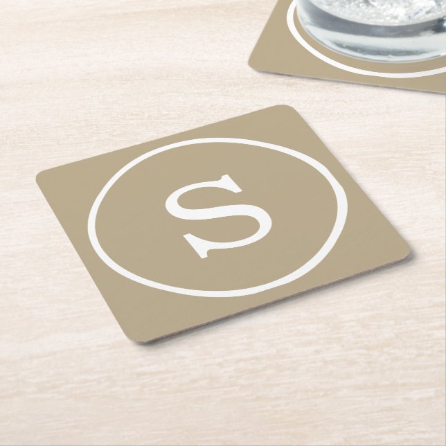 Cafe Latte Solid Colour White Monogram Square Paper Coaster (Angled)