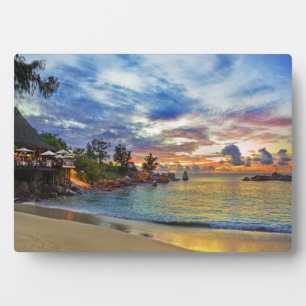 Cafe On Tropical Beach At Sunset Plaque