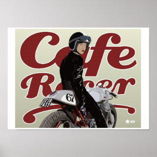Cafe Racer Girl on Moto Guzzi motorbike Poster