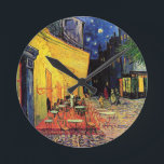 Cafe Terrace at Night by Vincent van Gogh Round Clock<br><div class="desc">Cafe Terrace on the Place du Forum by Vincent van Gogh is a vintage fine art post impressionism architectural cityscape painting. An exterior view of a restaurant with tables, chairs, waiters, and people dining. A beautiful night with stars in the sky in Arles, France. About the artist: Vincent Willem van...</div>
