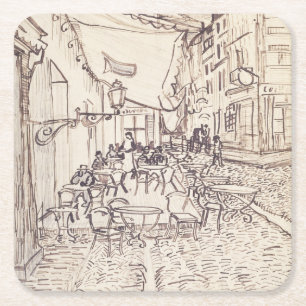 Cafe Terrace at Night, Fine Art Sketch, Van Gogh Square Paper Coaster