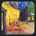 Cafe Terrace Place du Forum Van Gogh Fine Art Square Sticker<br><div class="desc">The Cafe Terrace Place du Forum, Vincent van Gogh, Arles September 1888. The painting is currently at the Kröller-Müller Museum in Otterlo, Netherlands. Vincent Willem van Gogh (30 March 1853 – 29 July 1890) was a Dutch Post-Impressionist artist. Some of his paintings are now among the world's best known, most...</div>