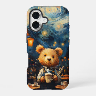Cafe Terrace with Bear Barista Van Gogh Style iPhone 16 Case