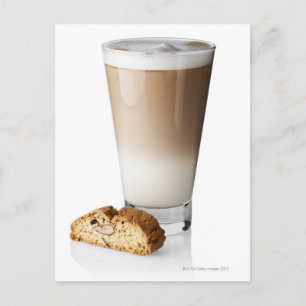 Caffe latte with biscotti, on white background, postcard