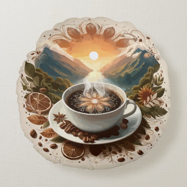 Caffeinated Bliss: A Coffee Lover's Delight Round Cushion (Front)