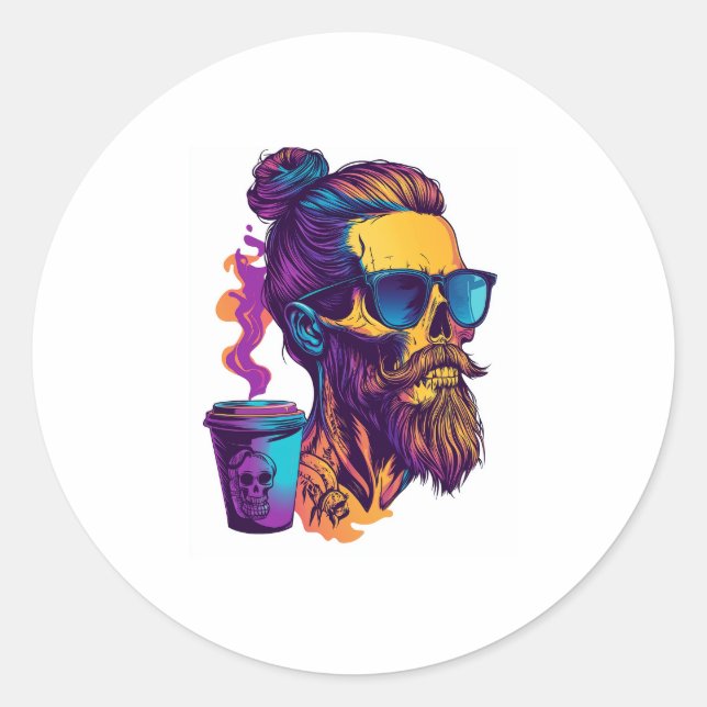 Caffeinated Skull – Funny Barista Skeleton Classic Round Sticker (Front)
