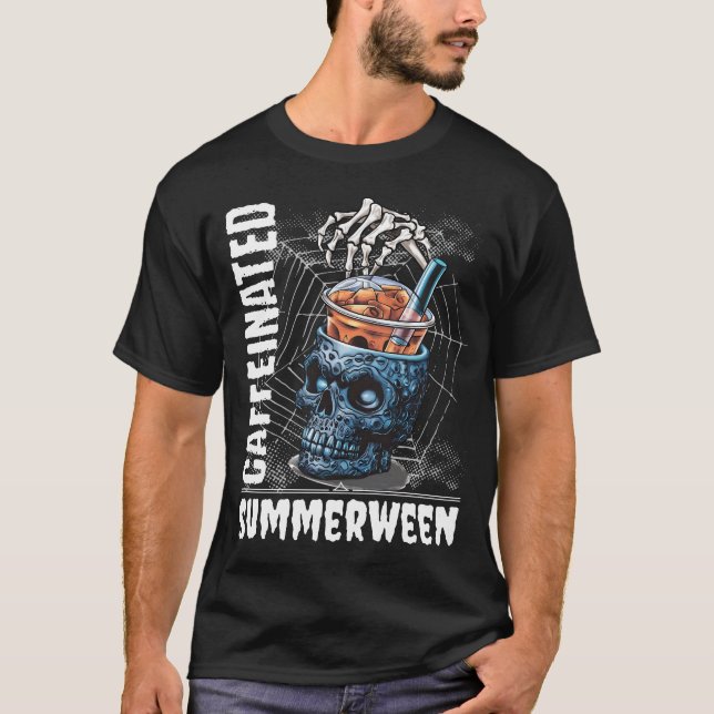 Caffeinated Summerween Skeleton Coffee Halloween T-Shirt (Front)