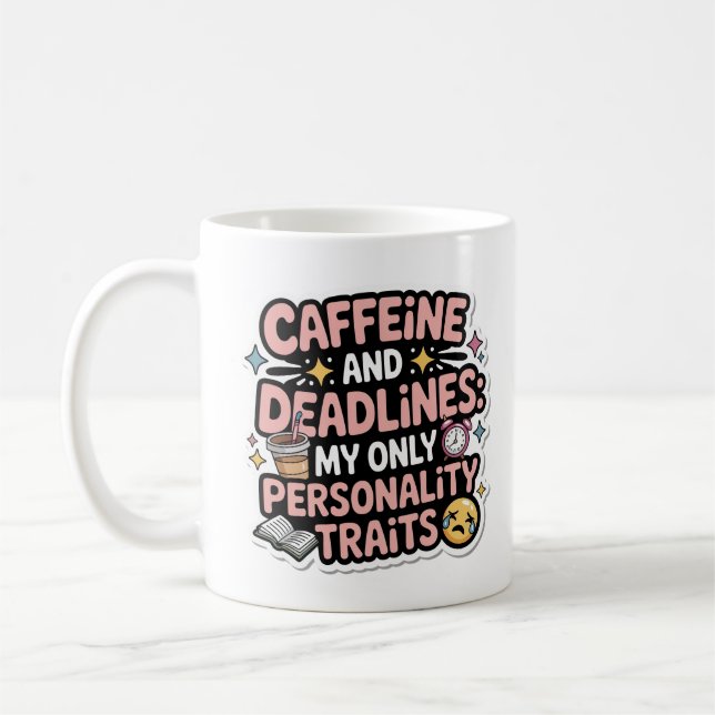 Caffeine and Deadlines Kawaii Student Burnout Coffee Mug (Left)
