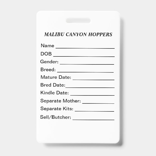 Cage Tag ID Badge (Front)