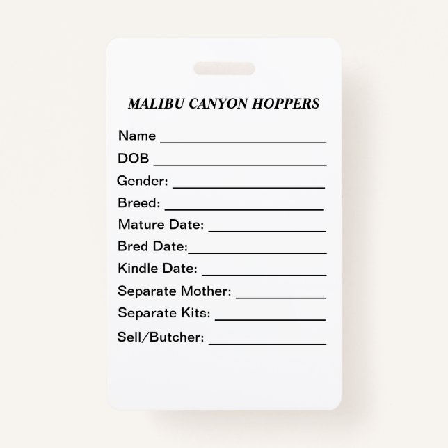 Cage Tag ID Badge (Front)